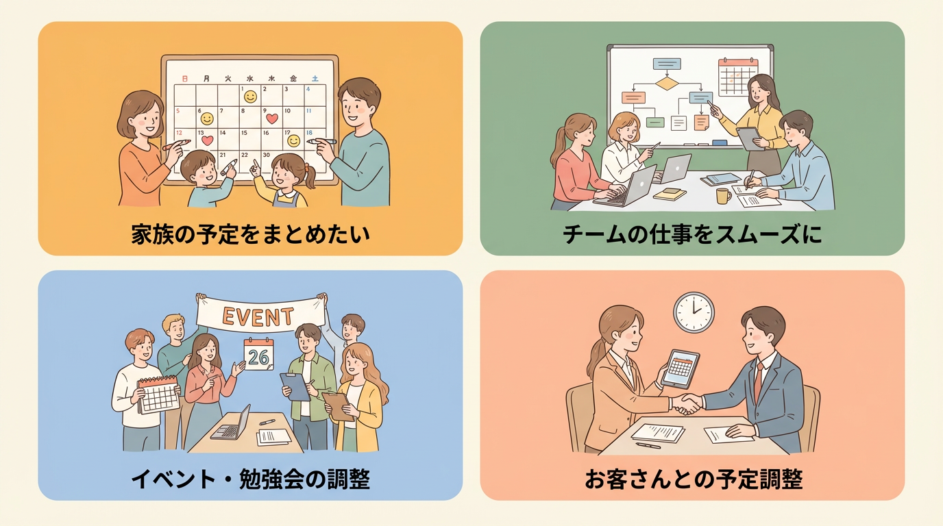 利用シーン：家族、チーム、イベント、顧客調整